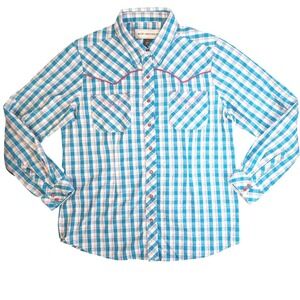 Bit & Bridle Women's Western Turquoise Plaid Pearl Snap Long Sleeve Shirt Size M